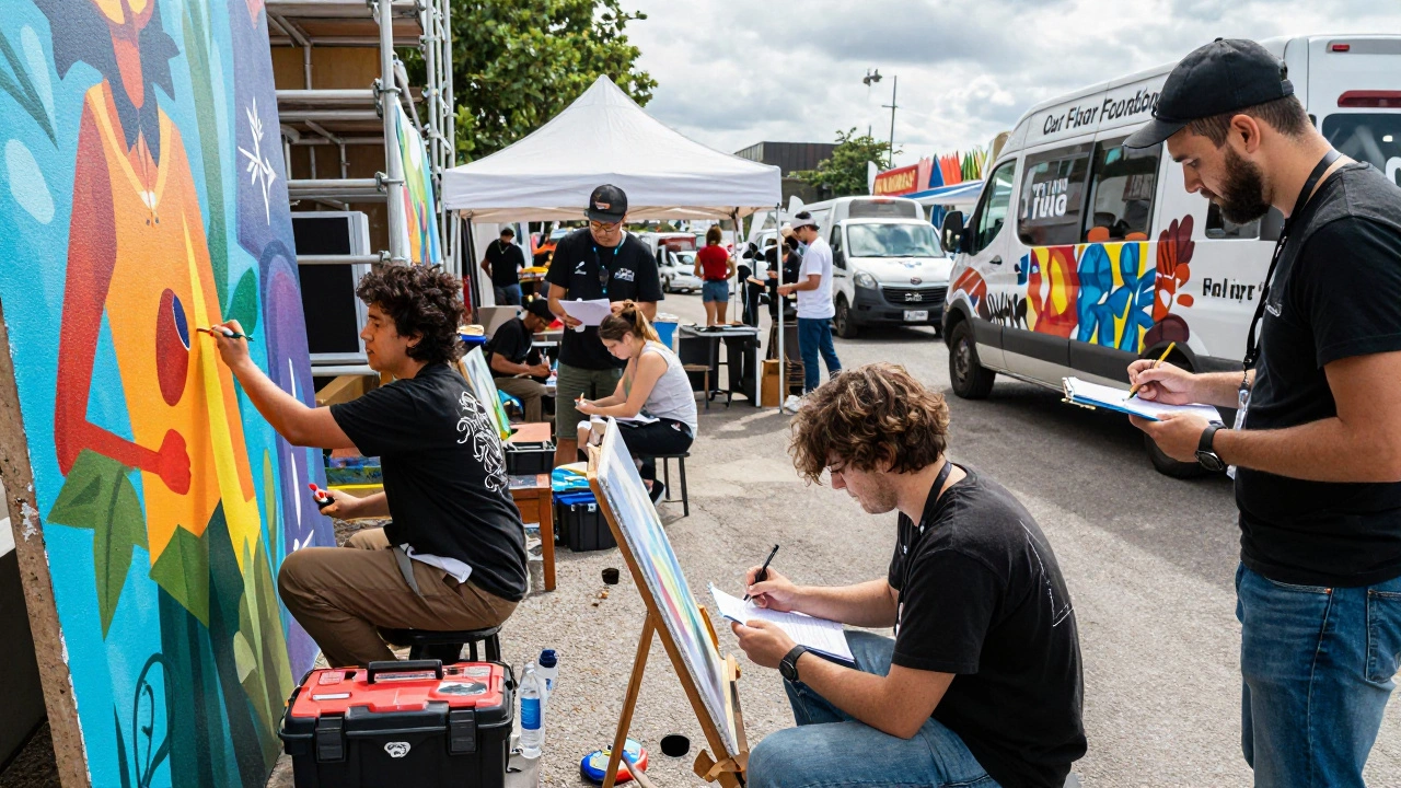 Artists painting murals at a festival, signing contracts, surrounded by tools and branded vans.