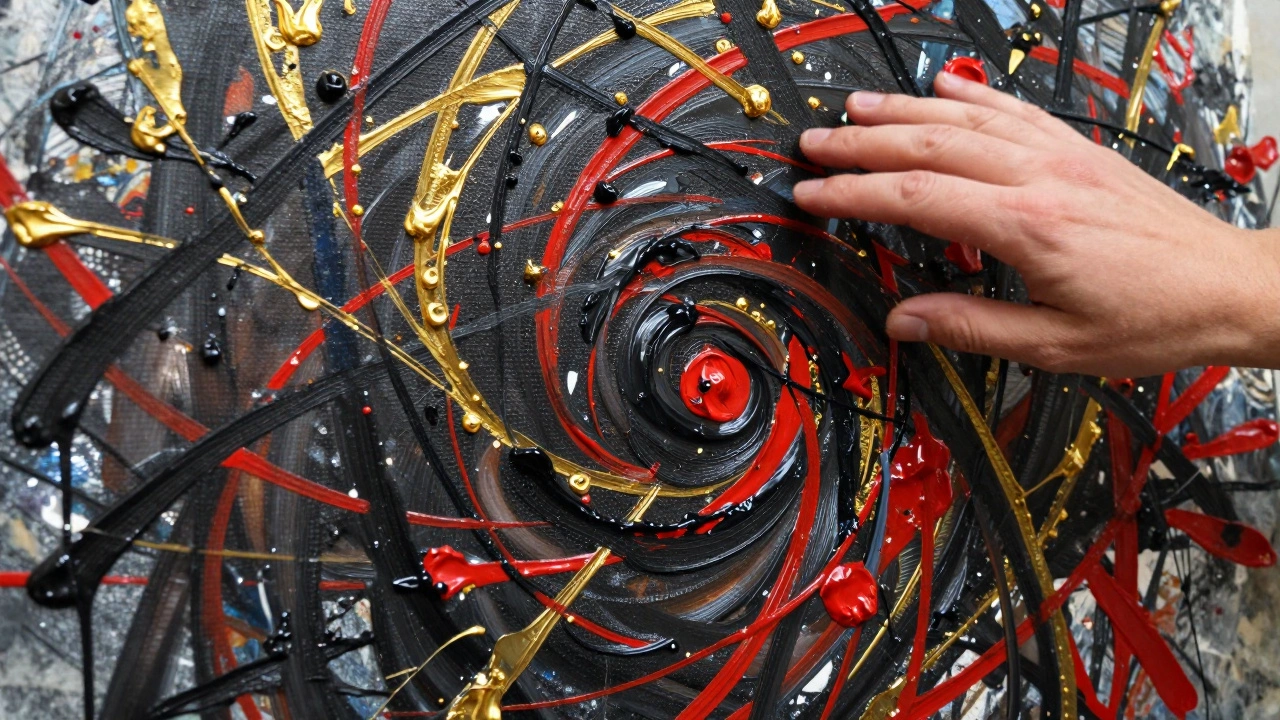 Close-up of a chaotic, textured abstract painting with drips and splatters of black, red, and gold paint.
