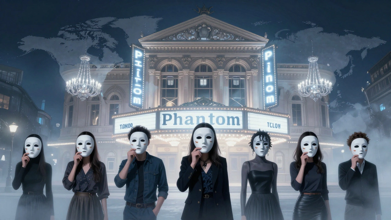 Fans from around the world hold Phantom masks in front of international theater marquees, symbolizing its global legacy.