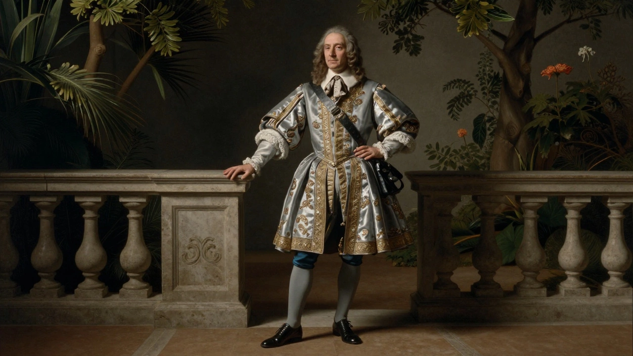 Full-length portrait of a noble figure in an elegant garden, exuding power and poise.