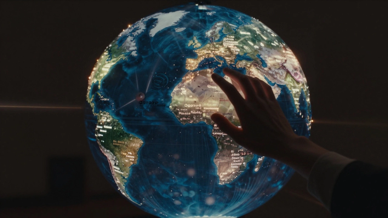 Globe with glowing radio stations from around the world, emitting sound waves in a dark room.