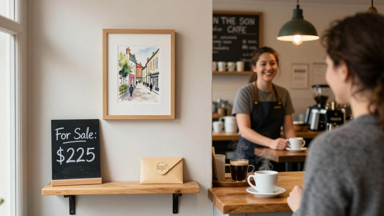 Original watercolor painting for sale in a UK coffee shop with a handwritten price tag and cash envelope.