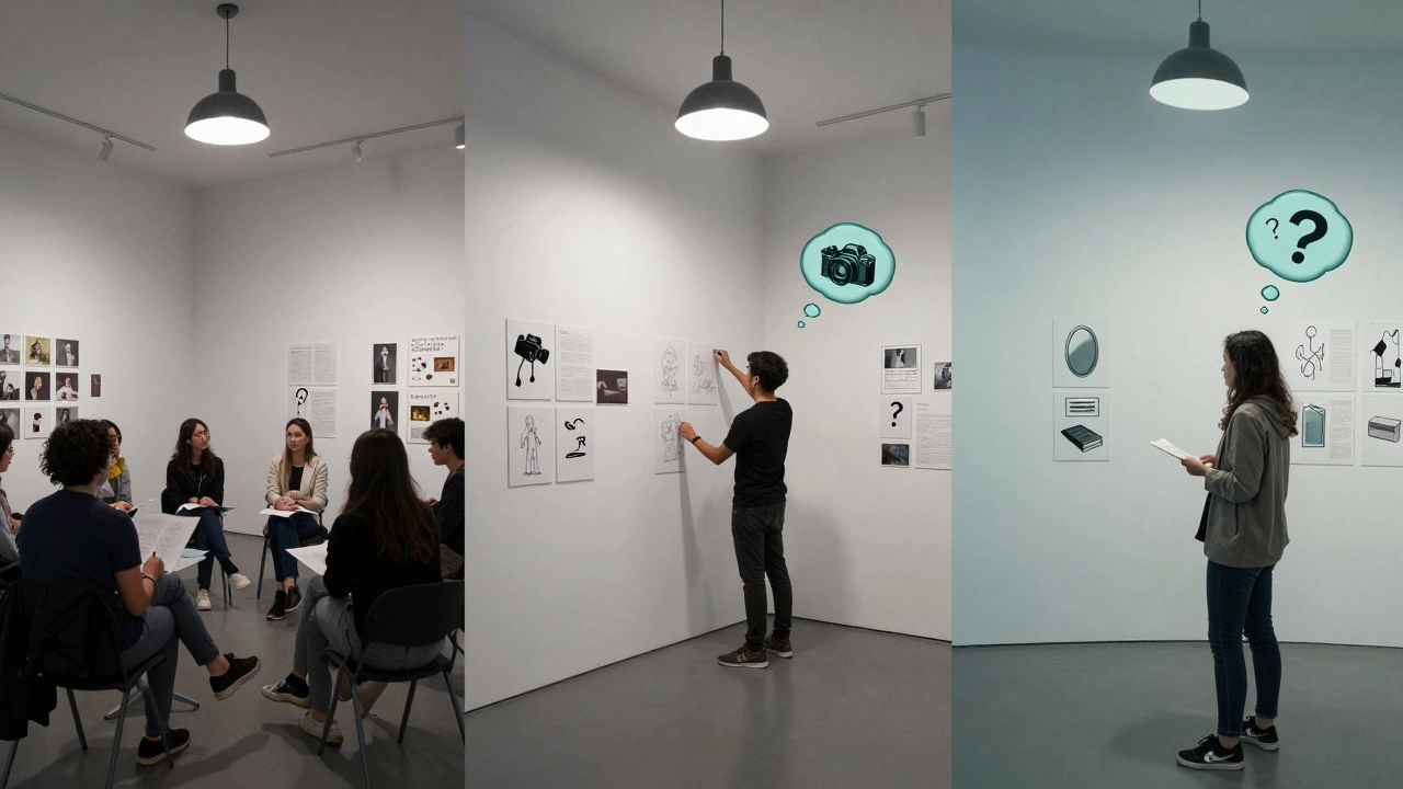 Three artists at different stages of their MFA journey: critiquing, installing, and presenting work in a shared light environment.