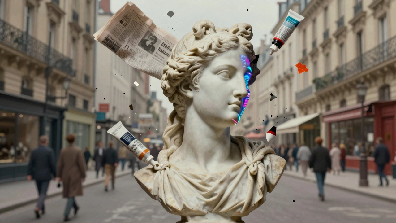 A classical bust blending into a digital face, surrounded by paint tubes and newspaper fragments.