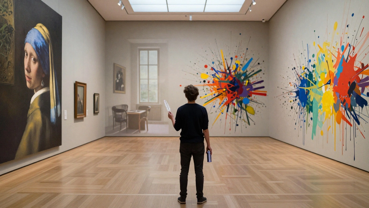 A figure holding both a quill and spray can, standing between traditional and modern art in a museum.