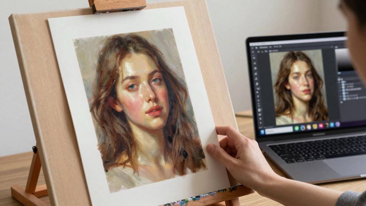 A hand placing an AI-generated portrait print on an easel, with a painting tool interface visible on a laptop.