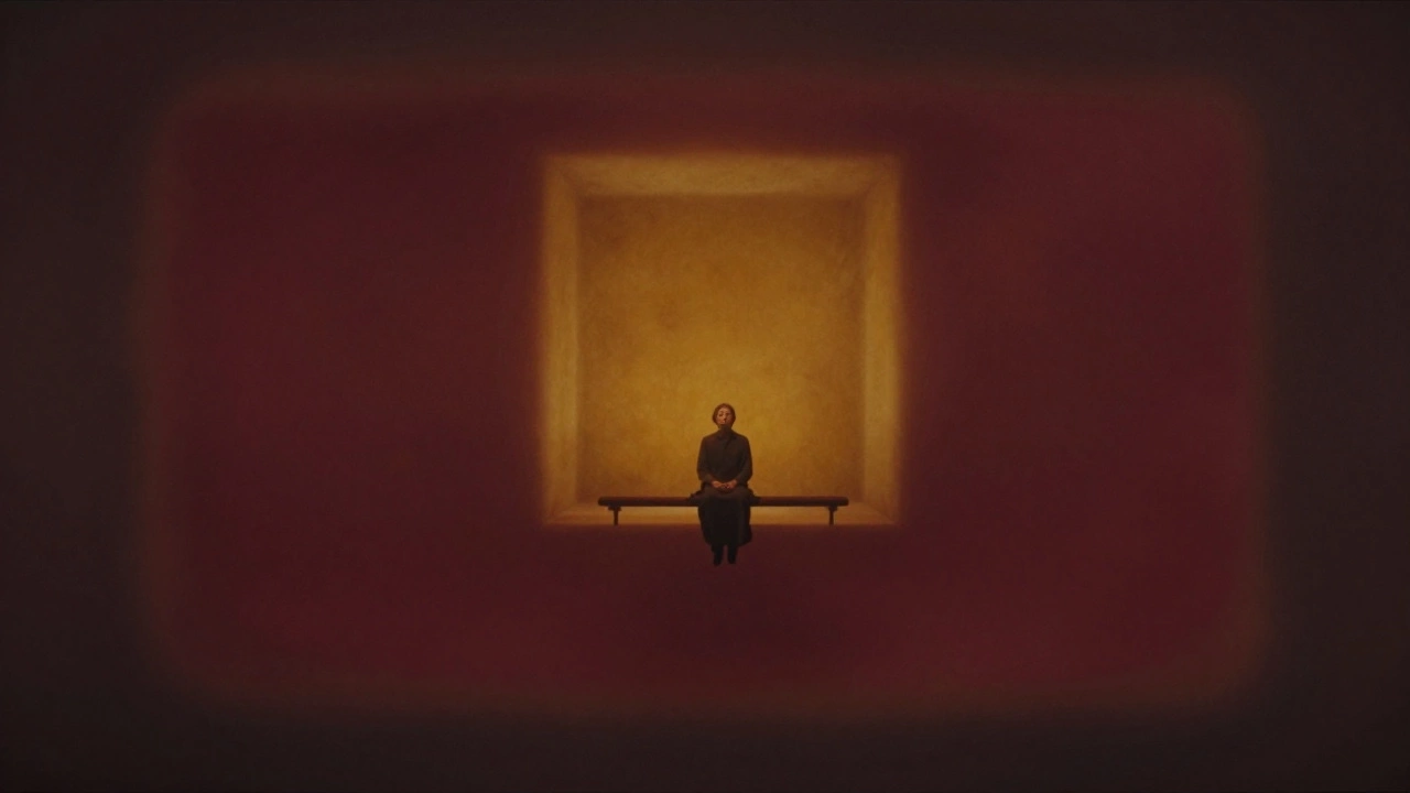 A large rectangular color field in deep maroon and amber, glowing softly in a dim, chapel-like room.