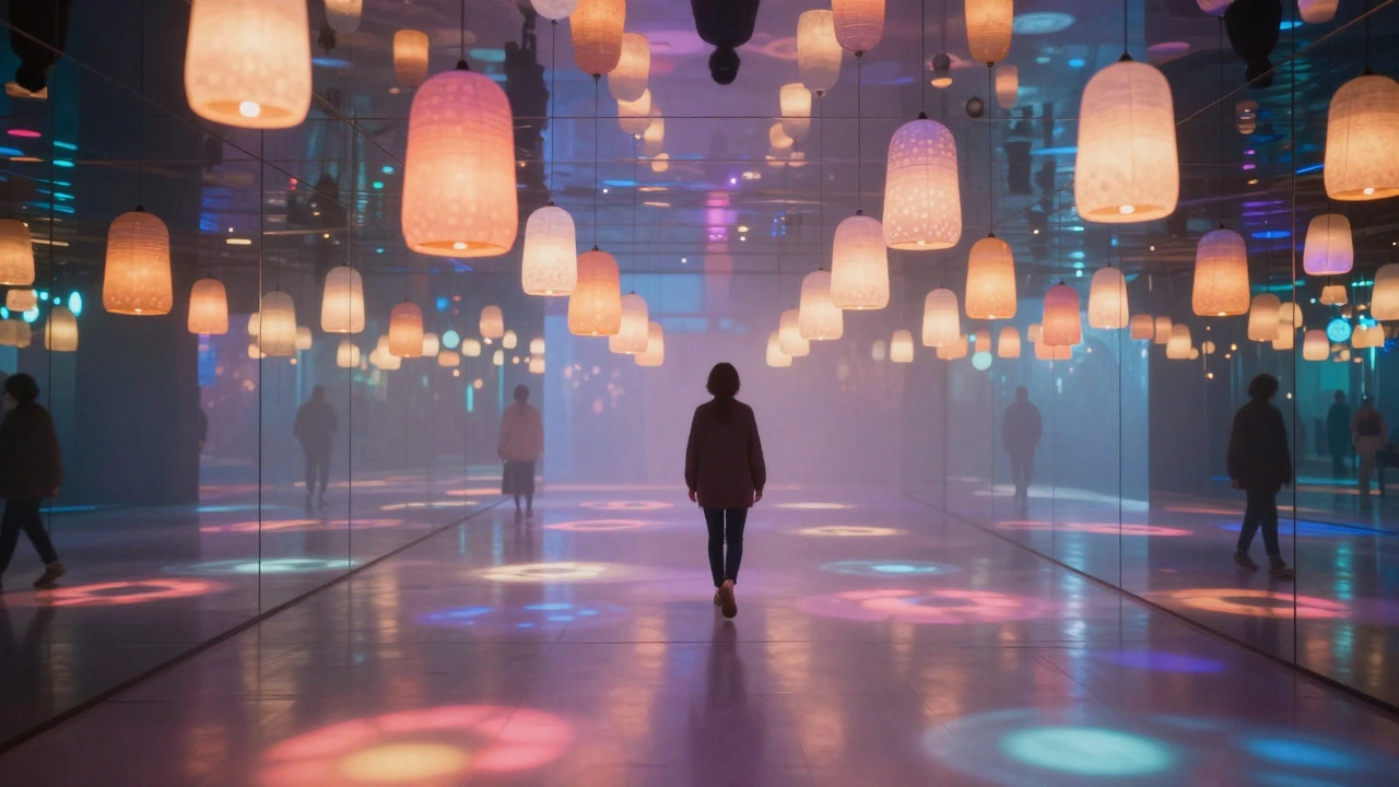 A person walks through a mirrored room filled with glowing lanterns and refracted light.