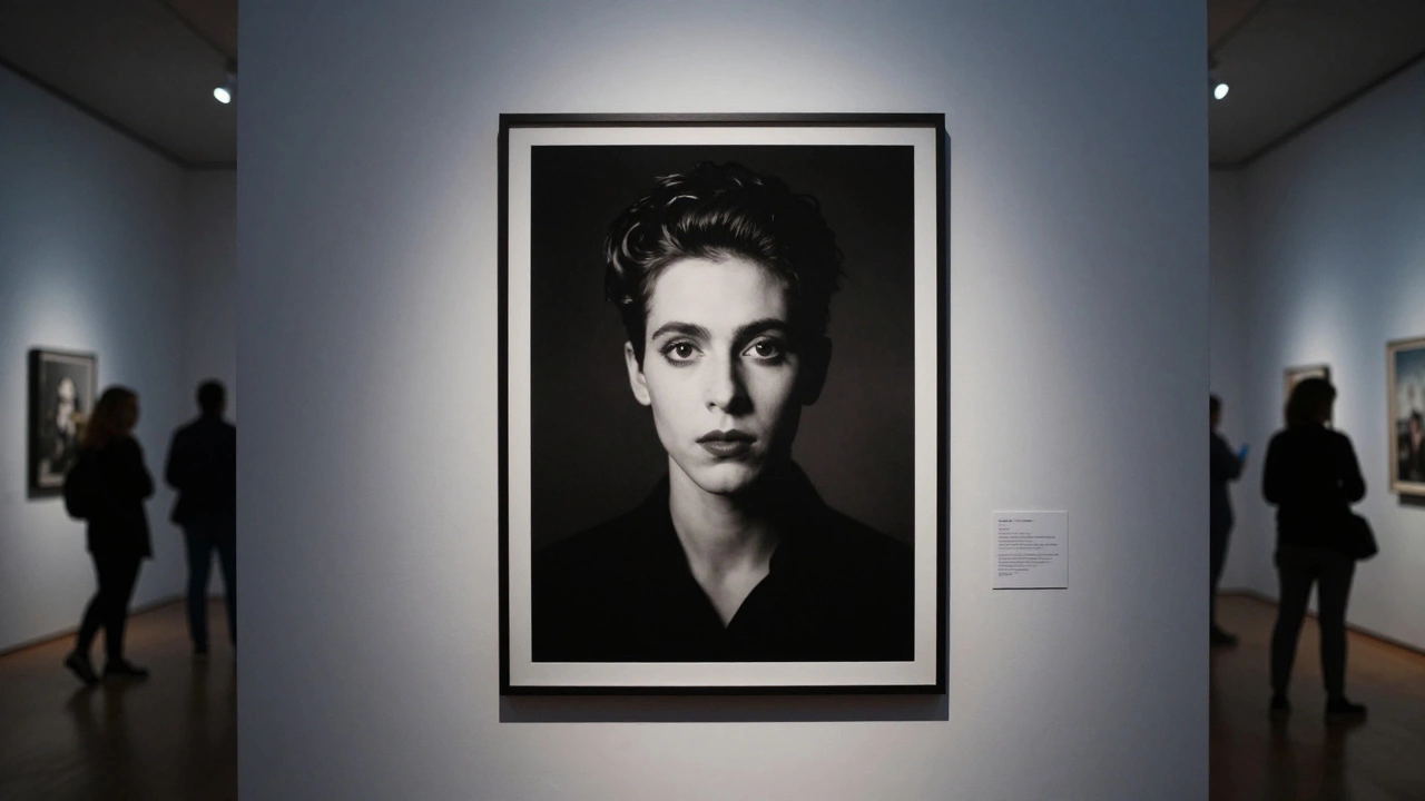 A powerful portrait photograph displayed in a dim museum gallery, lit by a single spotlight.