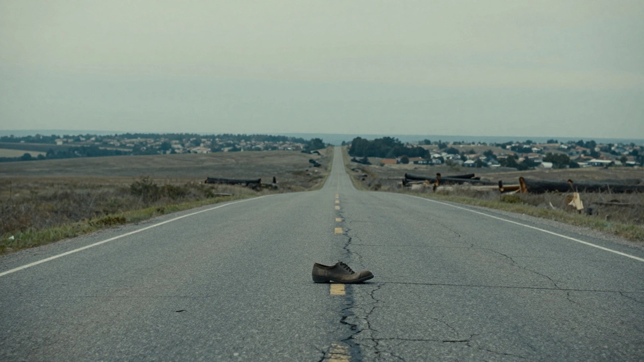 A single shoe left on a deserted road in a quiet, expansive American landscape.