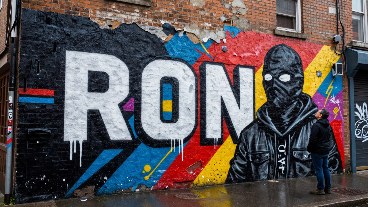 A street artist paints a bold text mural on a city wall while rain glistens on the fresh paint.