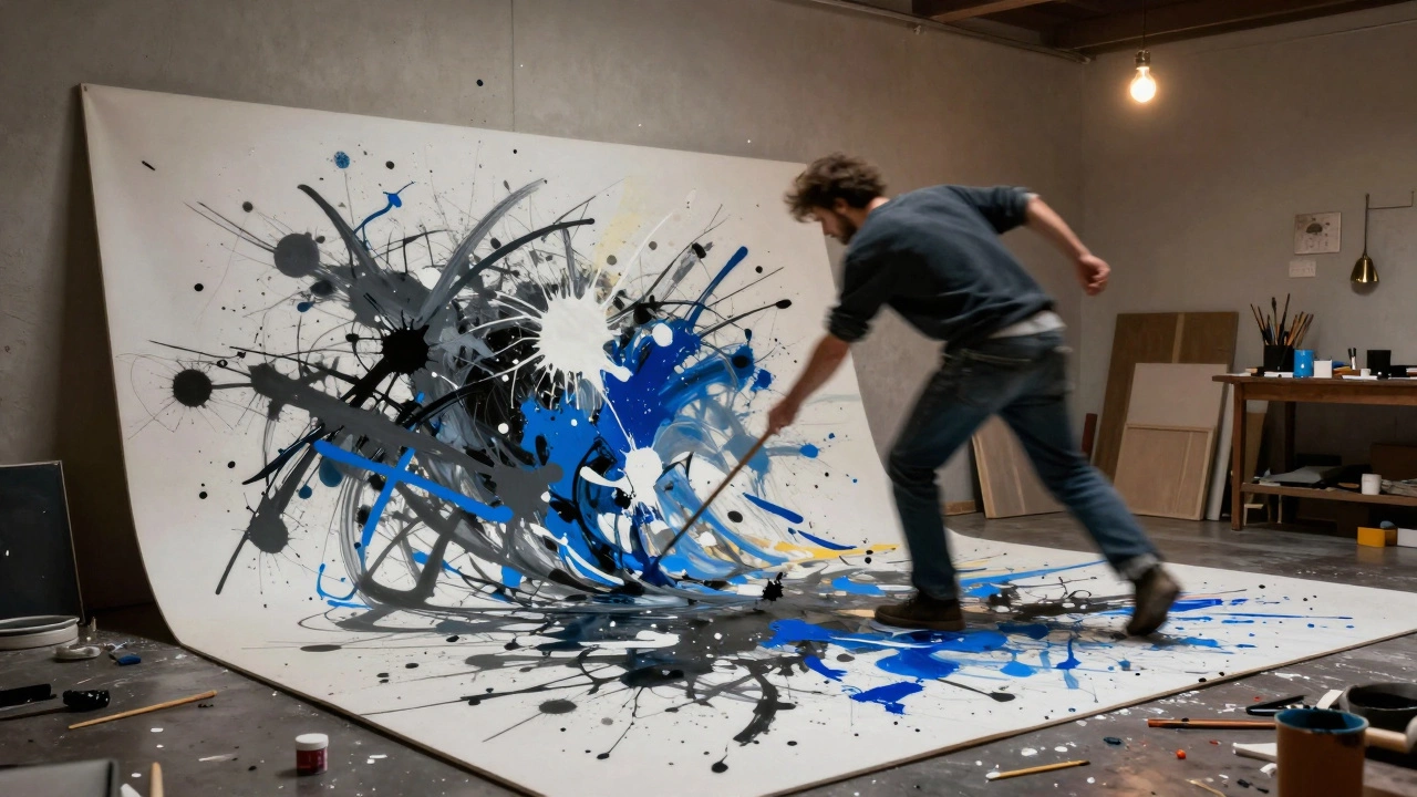 An artist mid-motion, flinging paint across a floor canvas, with splatters frozen in dynamic motion.