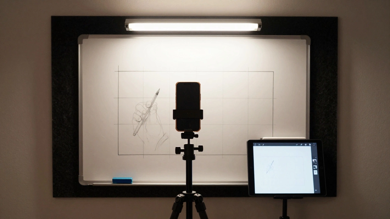 An artist’s simple setup with phone on tripod and LED light for digitizing sketches.