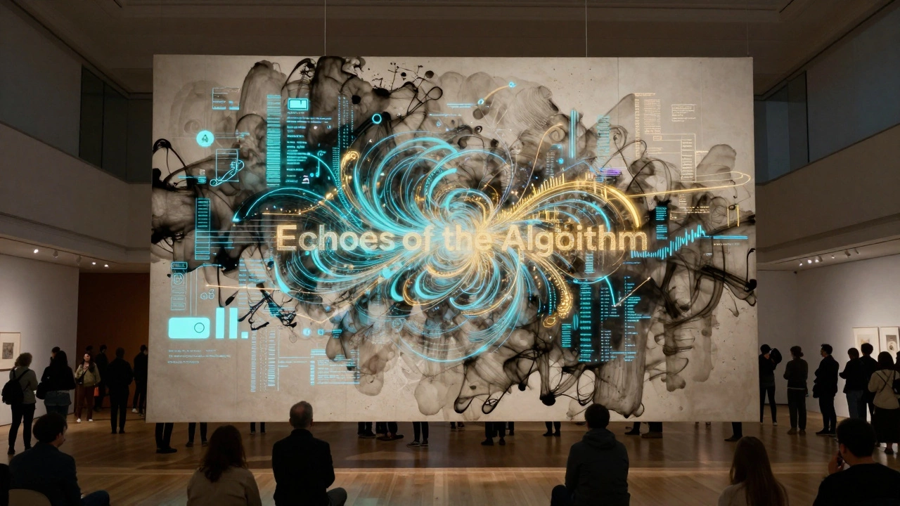 An immersive artwork fuses hand-painted textures with glowing digital data streams, drawing crowds in a major museum hall.