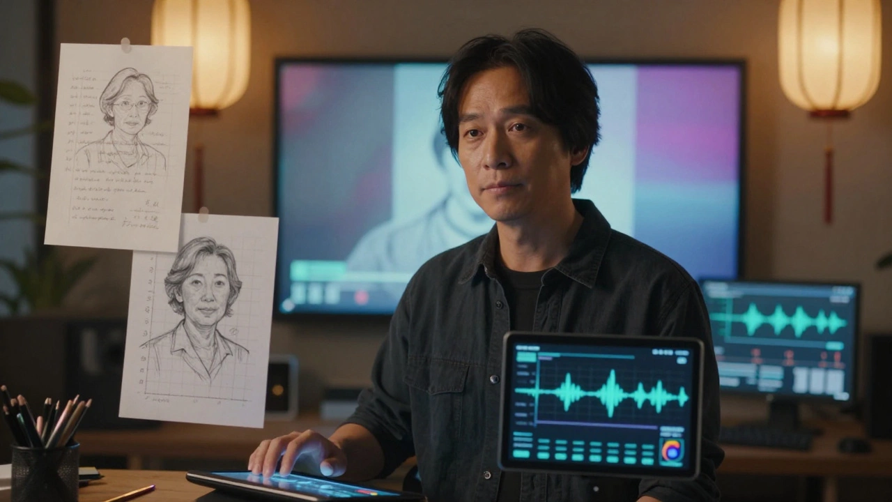 Artist Oliver Kwan in his studio, surrounded by holograms of his mother’s letters and biometric visualizations, blending tradition with technology.