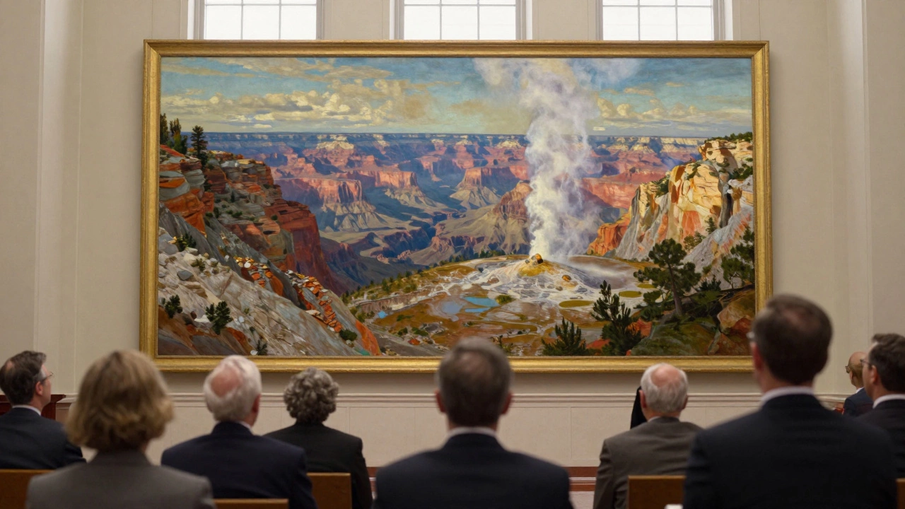 Lawmakers standing before Moran's Grand Canyon of the Yellowstone painting in the U.S. Capitol, inspired by its grandeur.