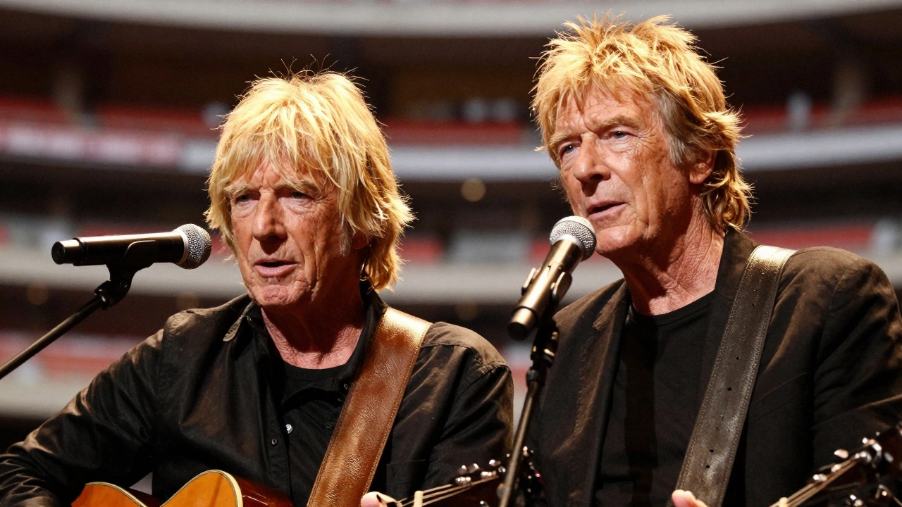Roger Daltrey and Pete Townshend performing together on stage with microphones