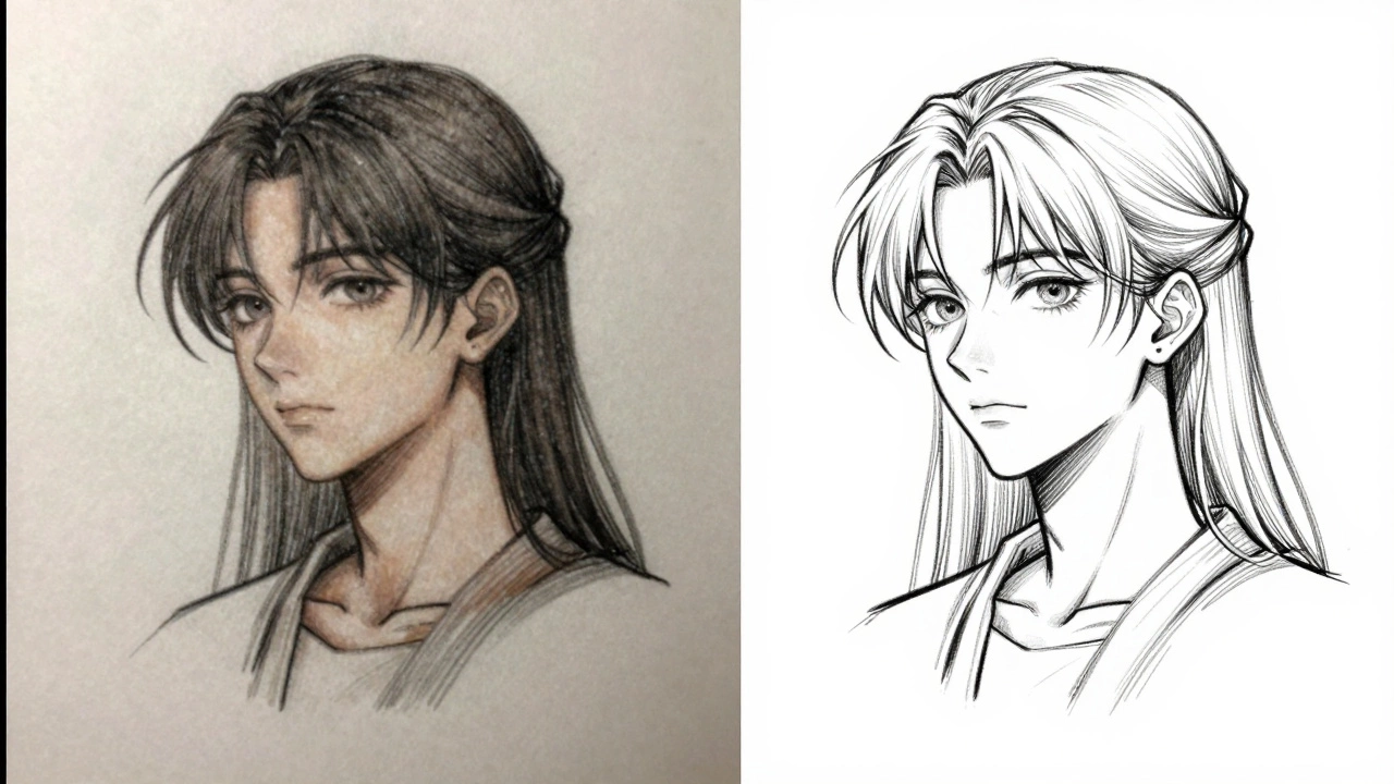 Side-by-side: blurry phone photo vs. clean digital conversion of a drawing.