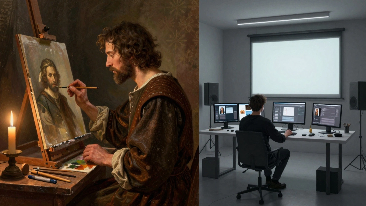 Split image showing traditional artist with oil paints versus contemporary digital art workspace