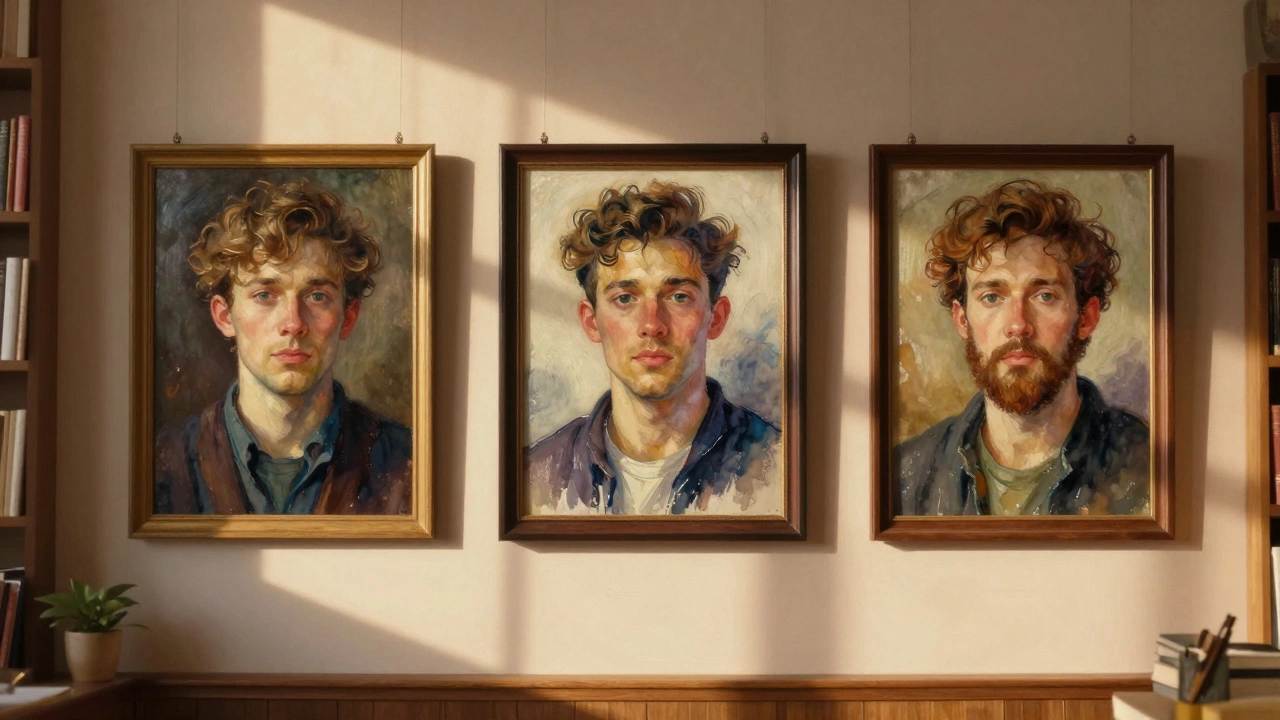 Three framed AI-created portraits on a library wall, lit by warm afternoon sunlight.