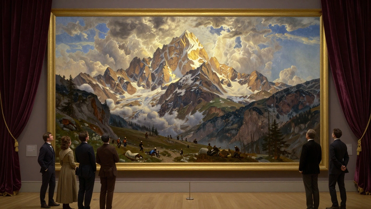 Viewers awestruck before Bierstadt's massive Rocky Mountains painting in a 19th-century gallery with dramatic lighting.