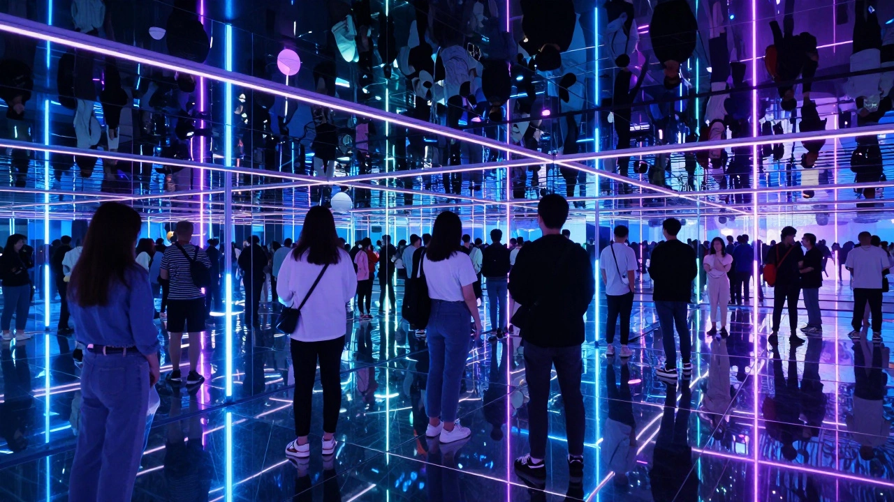 Visitors inside mirrored infinity room installation with colorful LED reflections