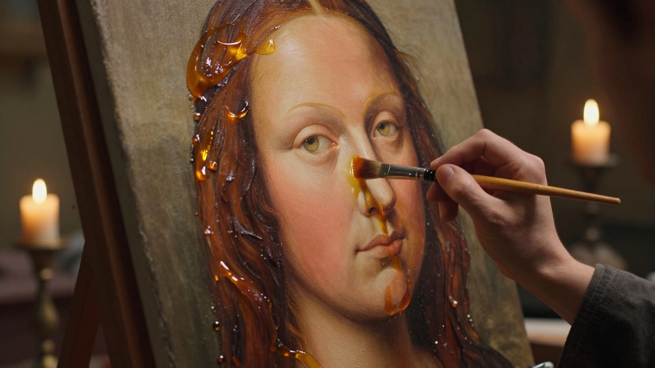A brush applying a transparent amber glaze to a portrait to create a luminous glow