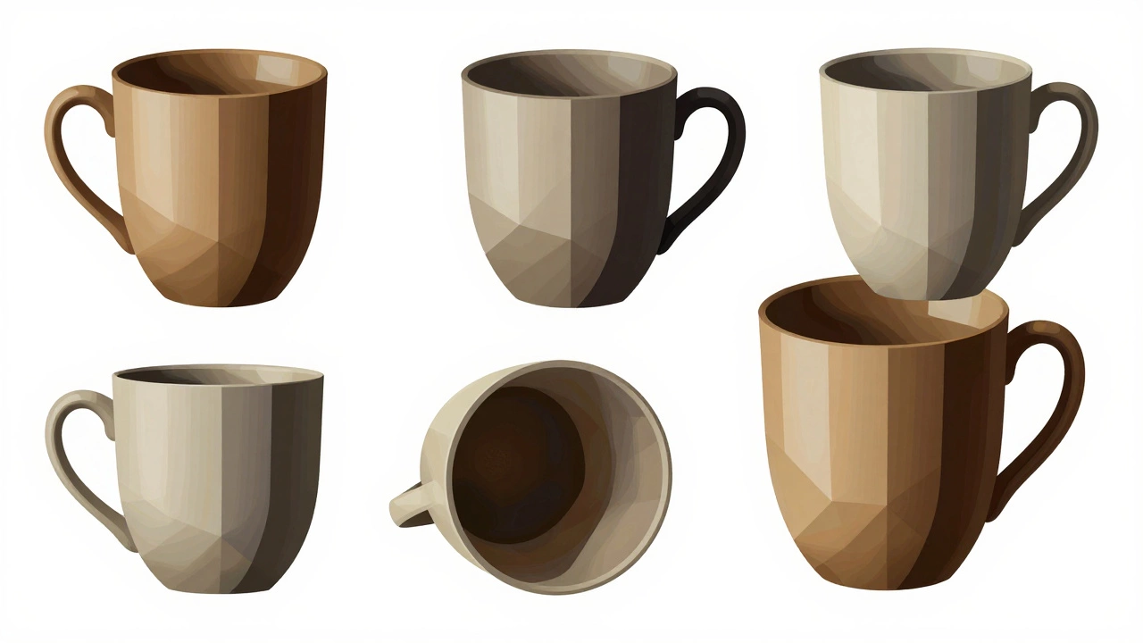 A coffee mug deconstructed into multiple geometric perspectives in a Cubist style.