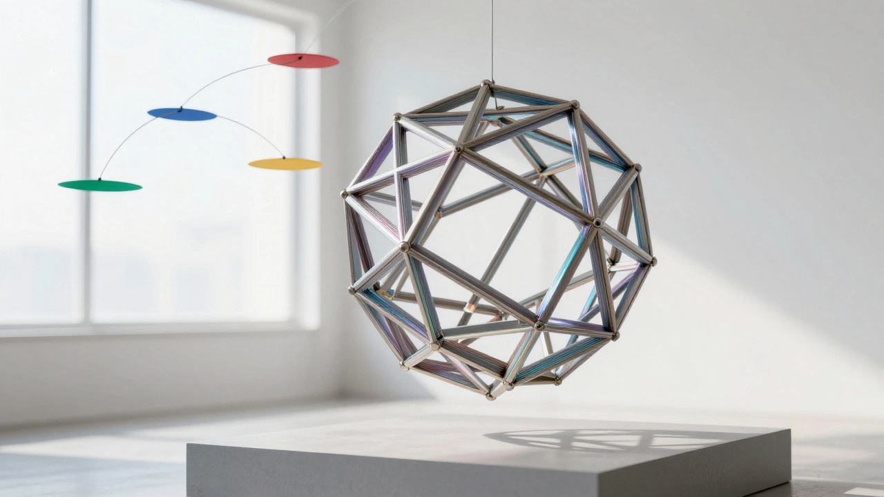 A complex 3D-printed titanium lattice sculpture and a kinetic mobile in a bright studio.