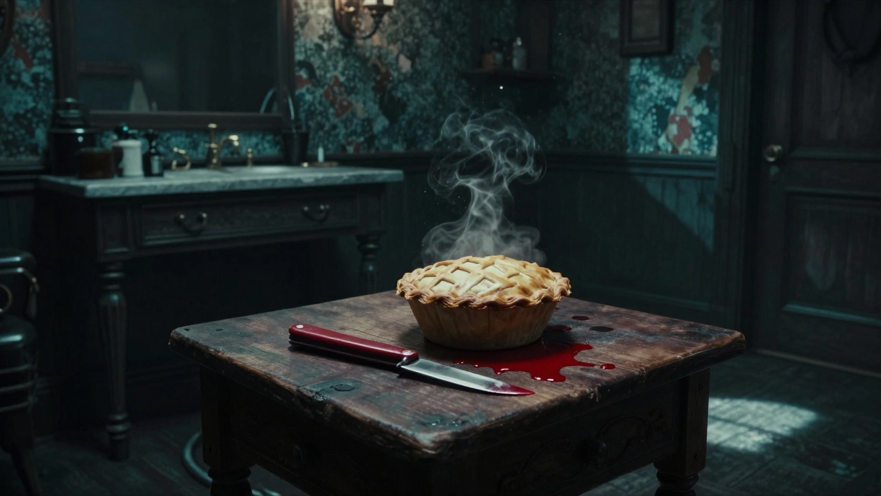 A gothic Victorian barber shop with a blood-stained razor and a meat pie on a table.