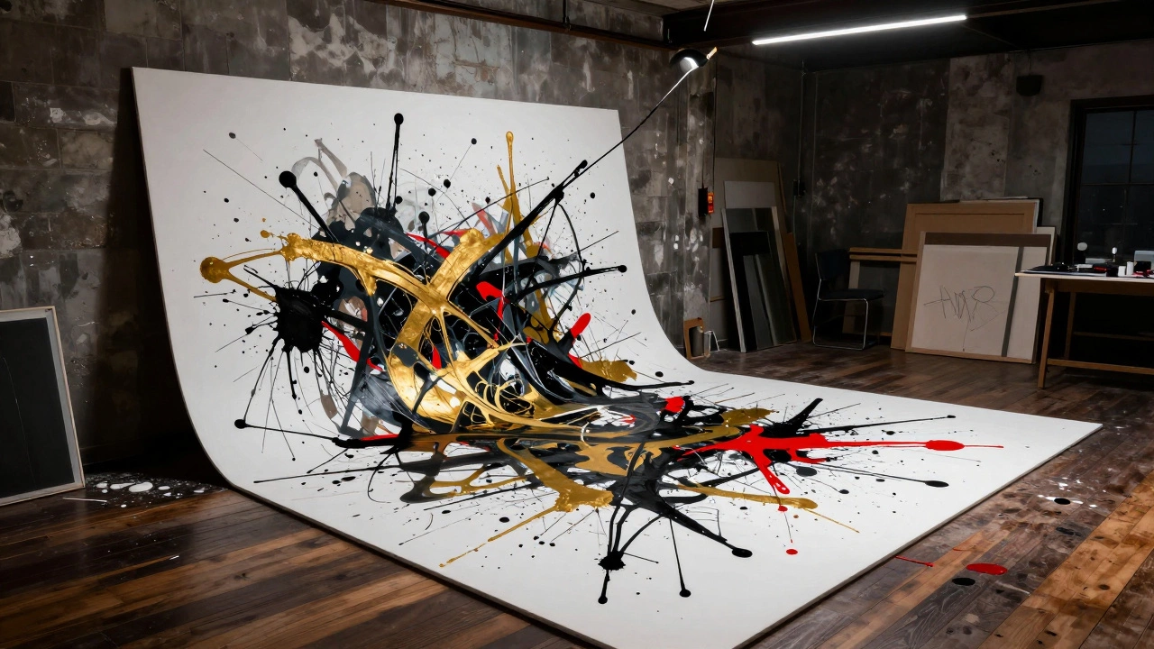A large canvas on a studio floor covered in expressive splatters of black, gold, and red paint.