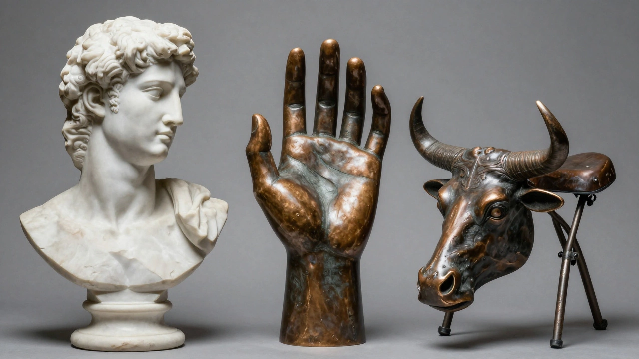 A montage of a marble bust, a bronze hand, and a bull's head made from bicycle parts.