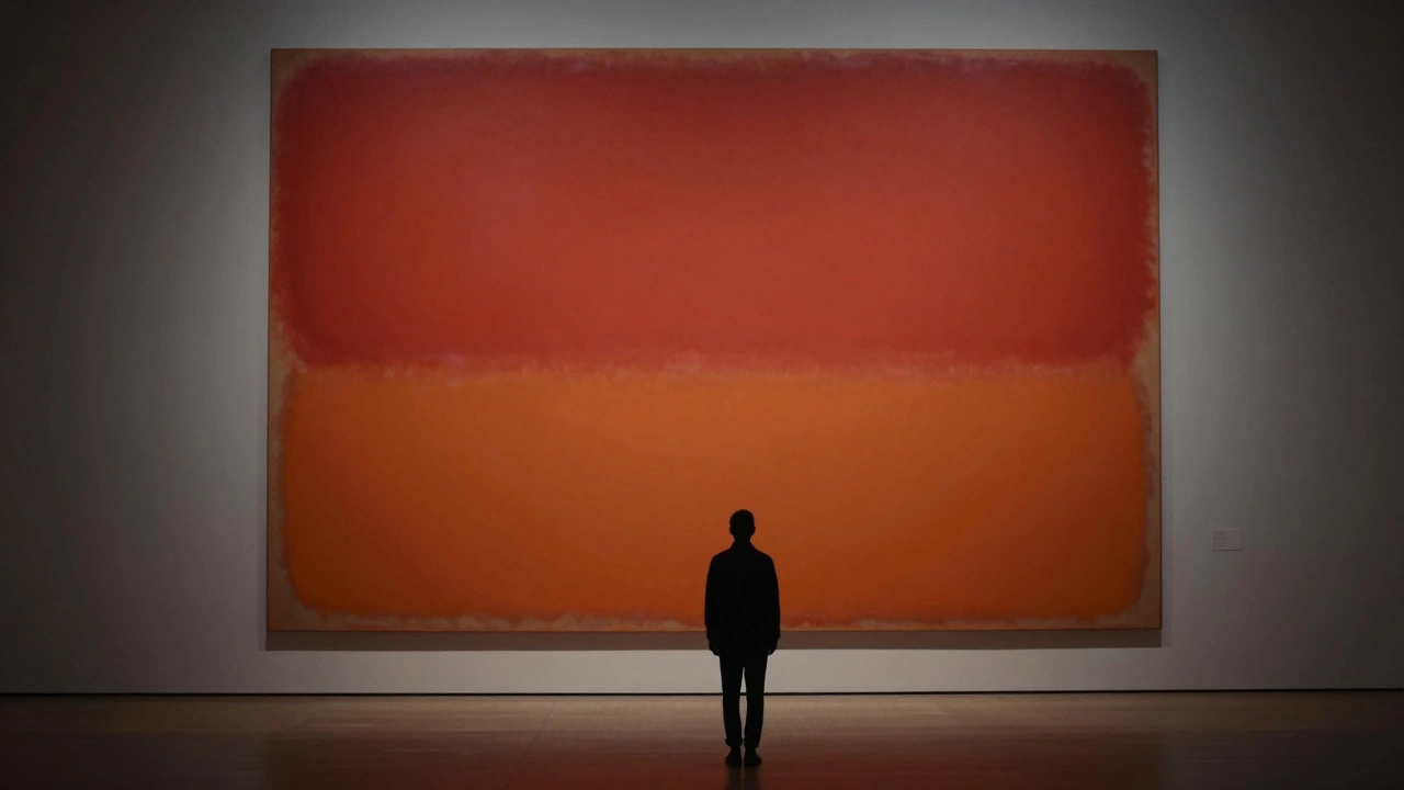 A person standing before a massive, glowing red and orange color field painting in a quiet gallery