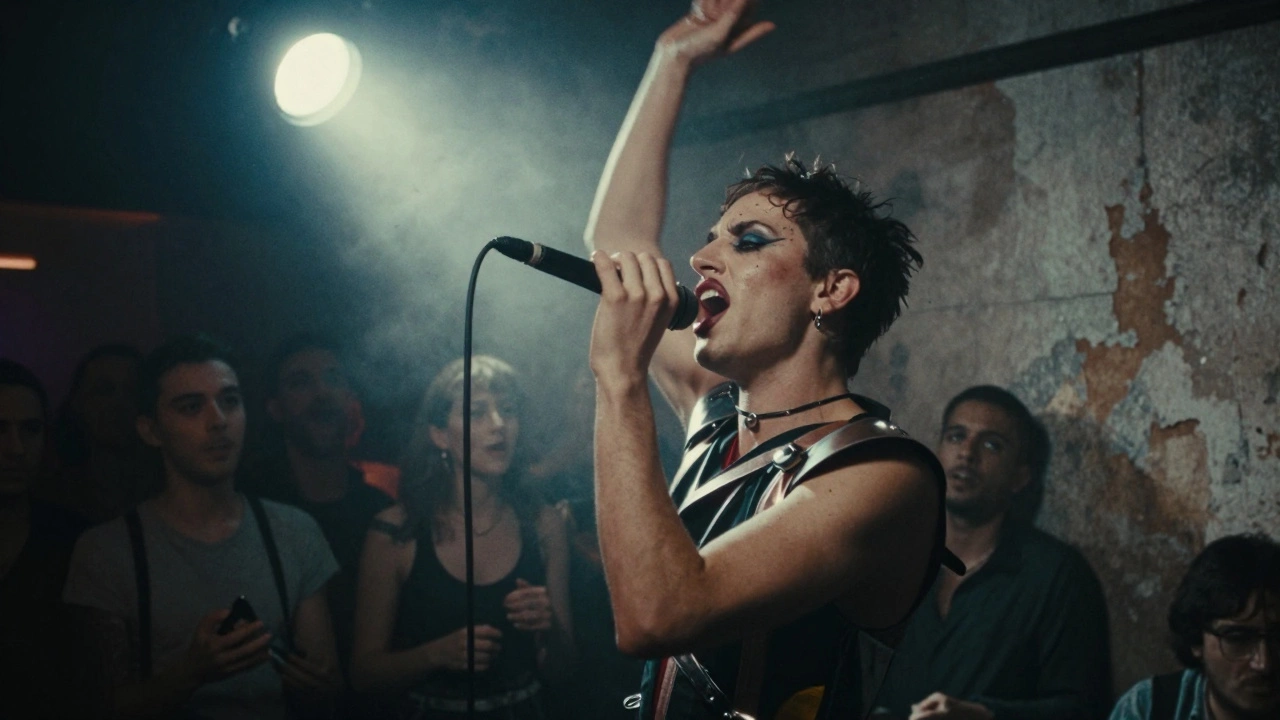 A rock singer performing in a smoky, underground club with harsh spotlighting.