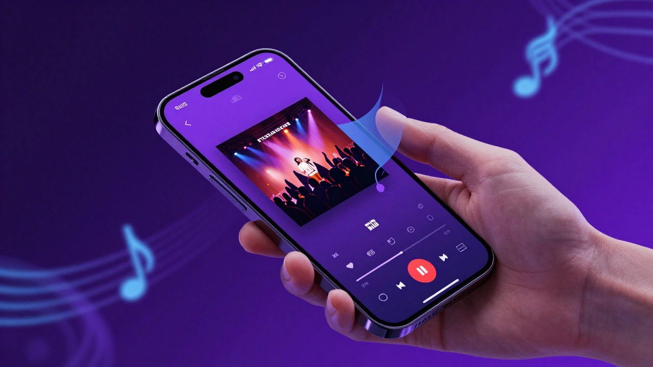 A smartphone screen showing a music track transforming into a concert video with colorful lighting.