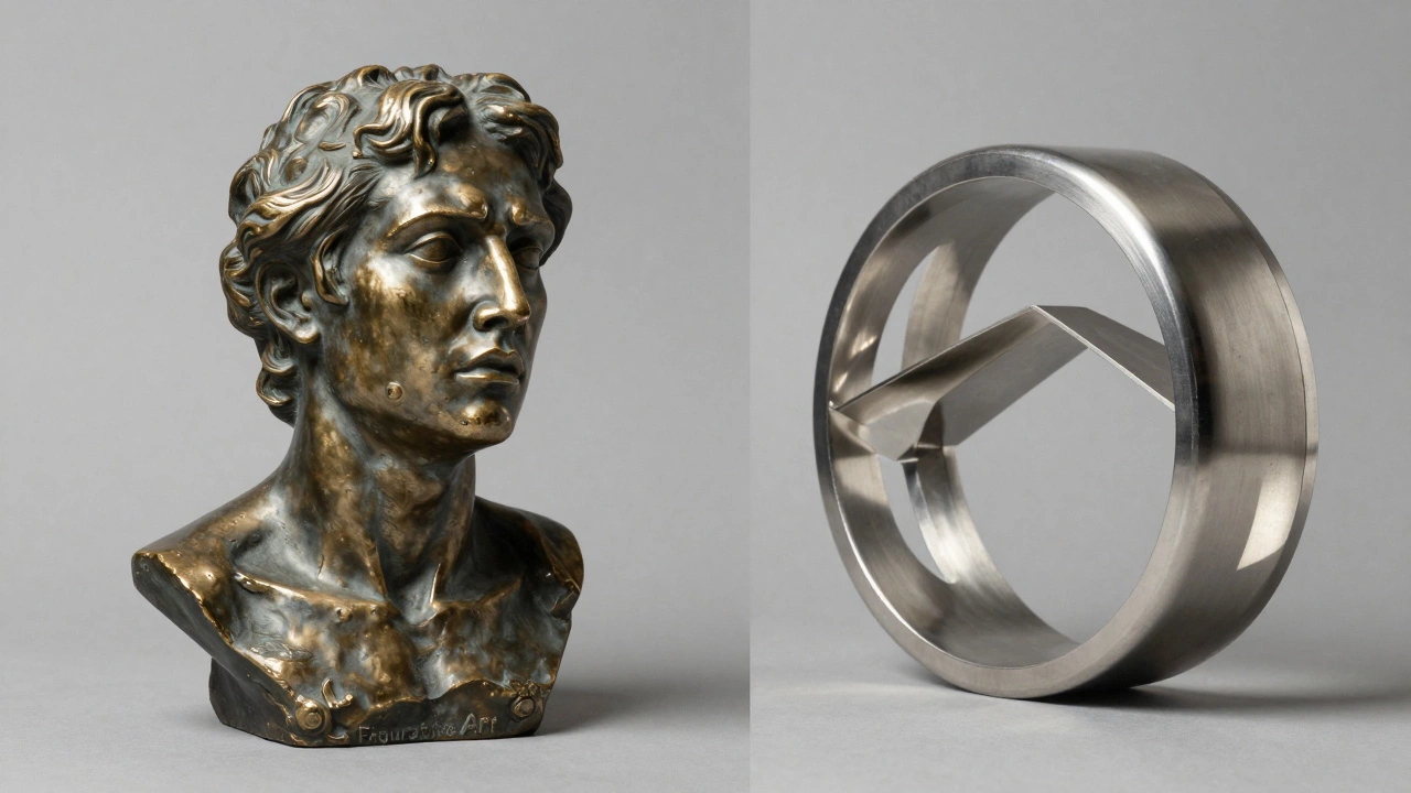 A split composition comparing a realistic bronze bust with an abstract steel ring sculpture.