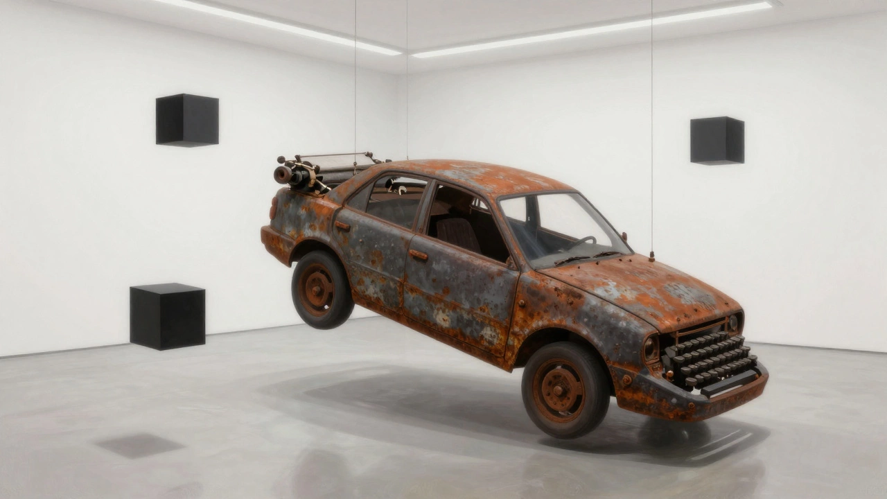 A surreal installation featuring a typewriter welded to a car door and floating black cubes.