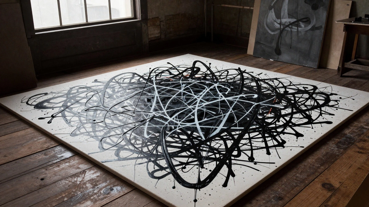 Action painting scene with a large canvas on a studio floor covered in complex paint splatters