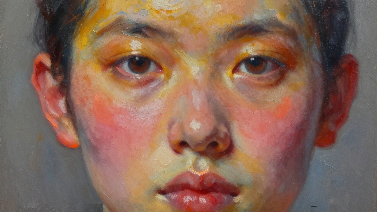 Close-up painting of a face showing warm forehead, red cheeks, and cool jawline tones.