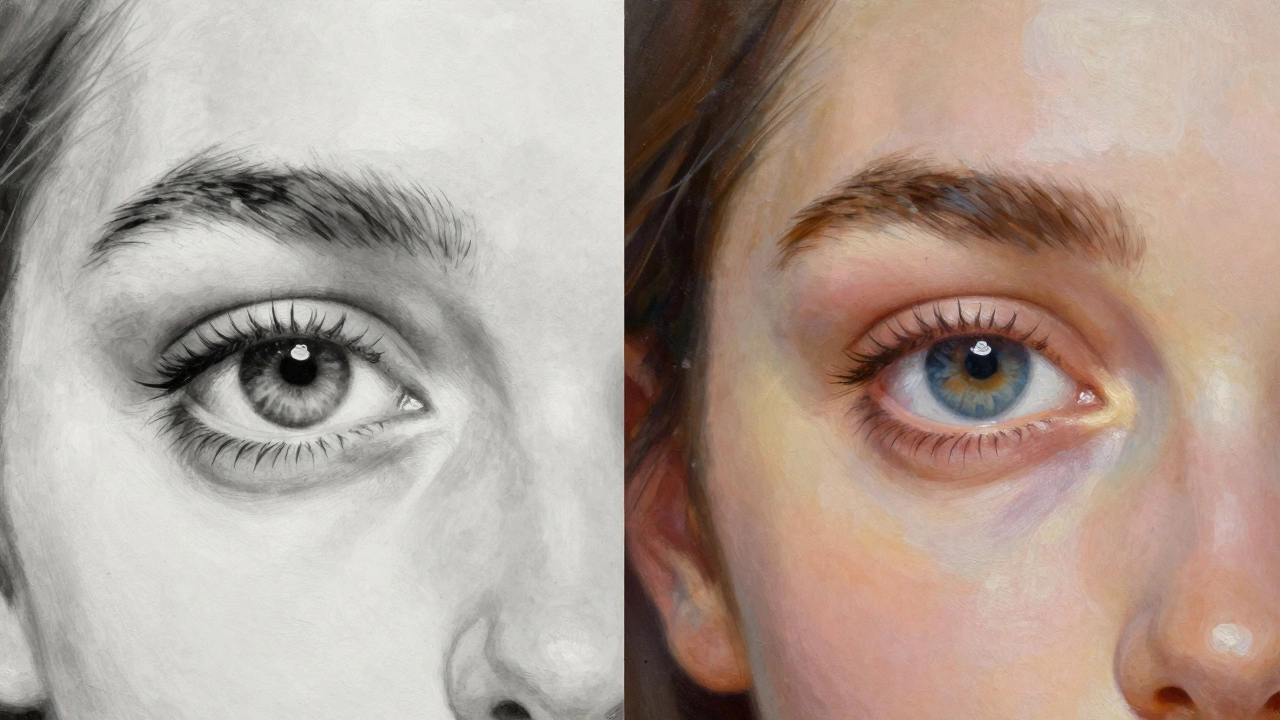 Comparison between a monochrome underpainting and a finished, realistic painting of a human eye.