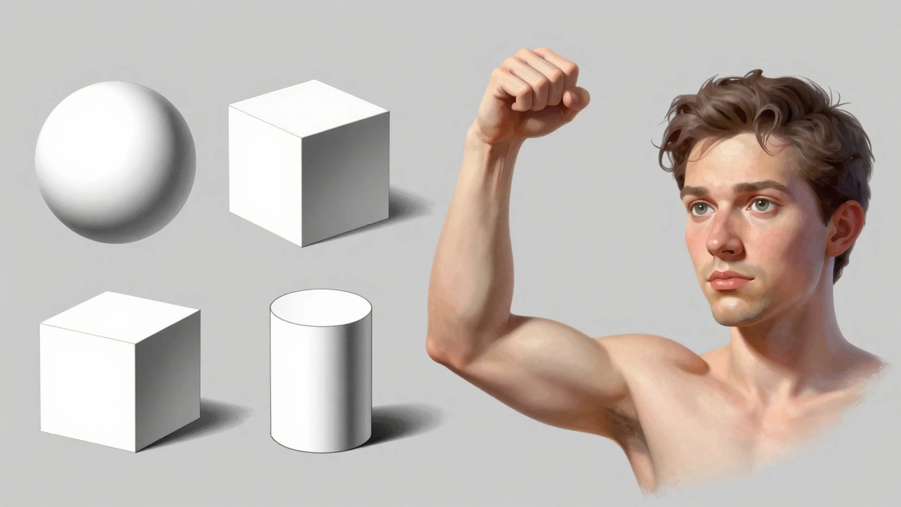 Comparison showing basic 3D shapes evolving into complex anatomical digital drawings.