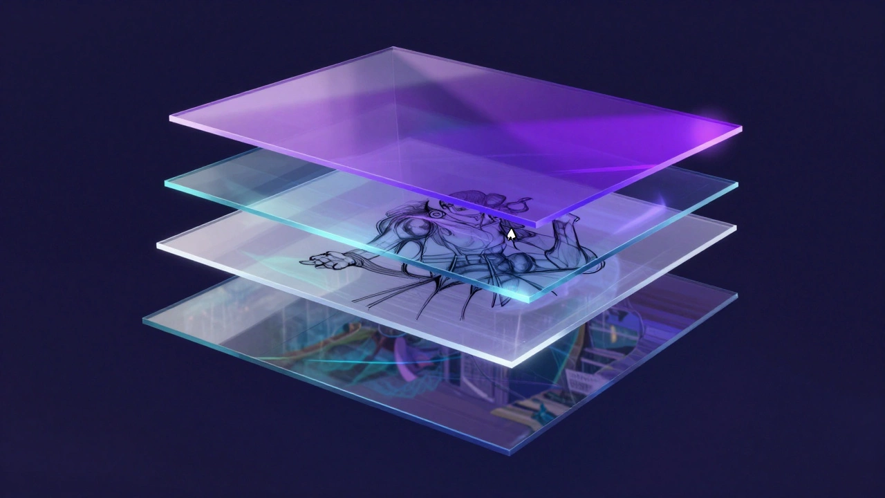 Conceptual 3D visualization of digital art layers as stacked transparent glass sheets.