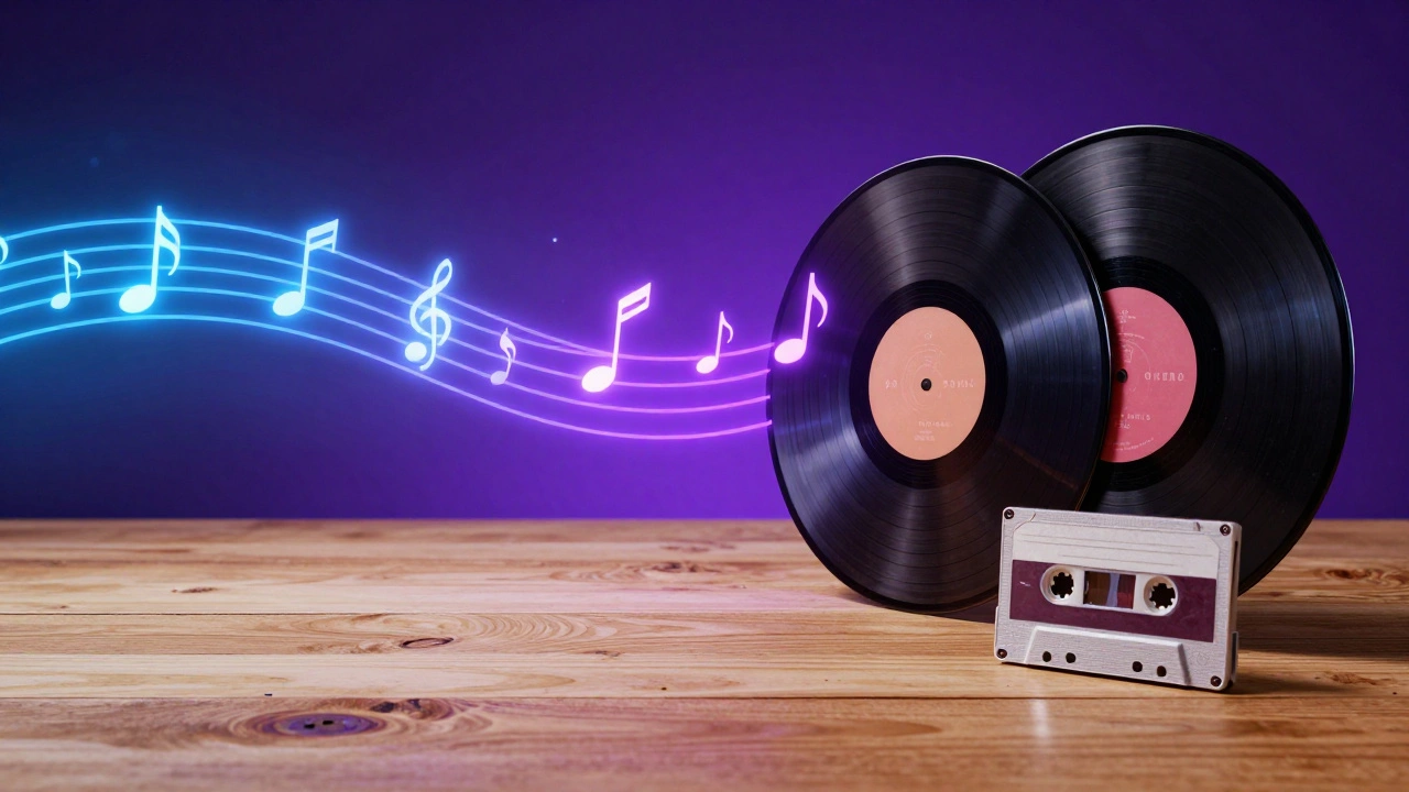 Conceptual art showing digital music streams turning into physical records