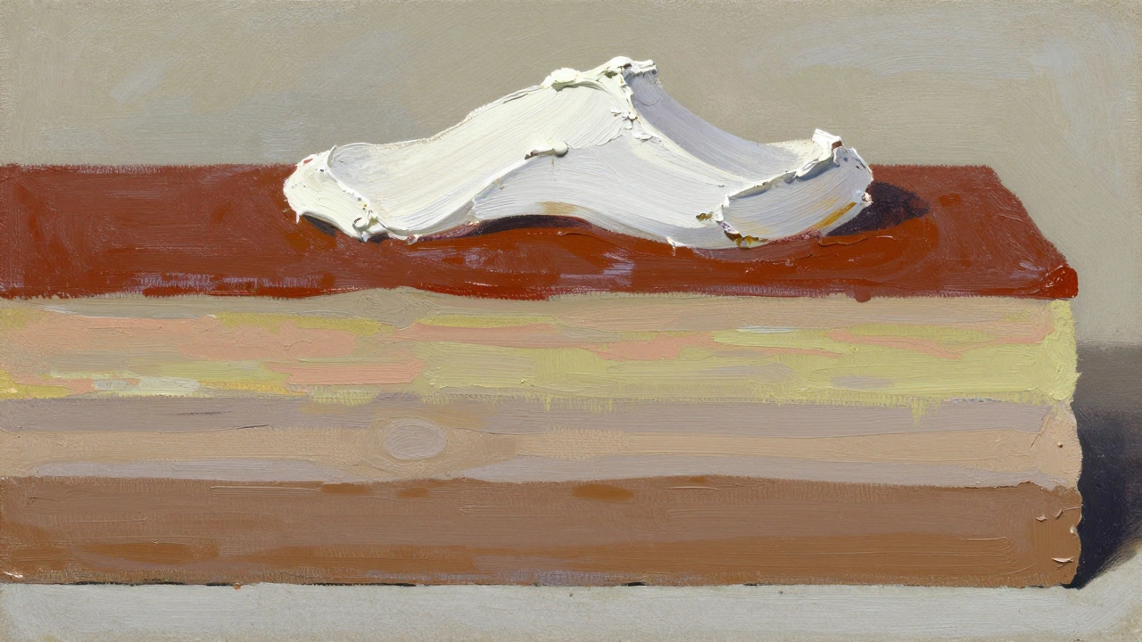 Cross-section diagram of oil painting layers showing the fat-over-lean principle