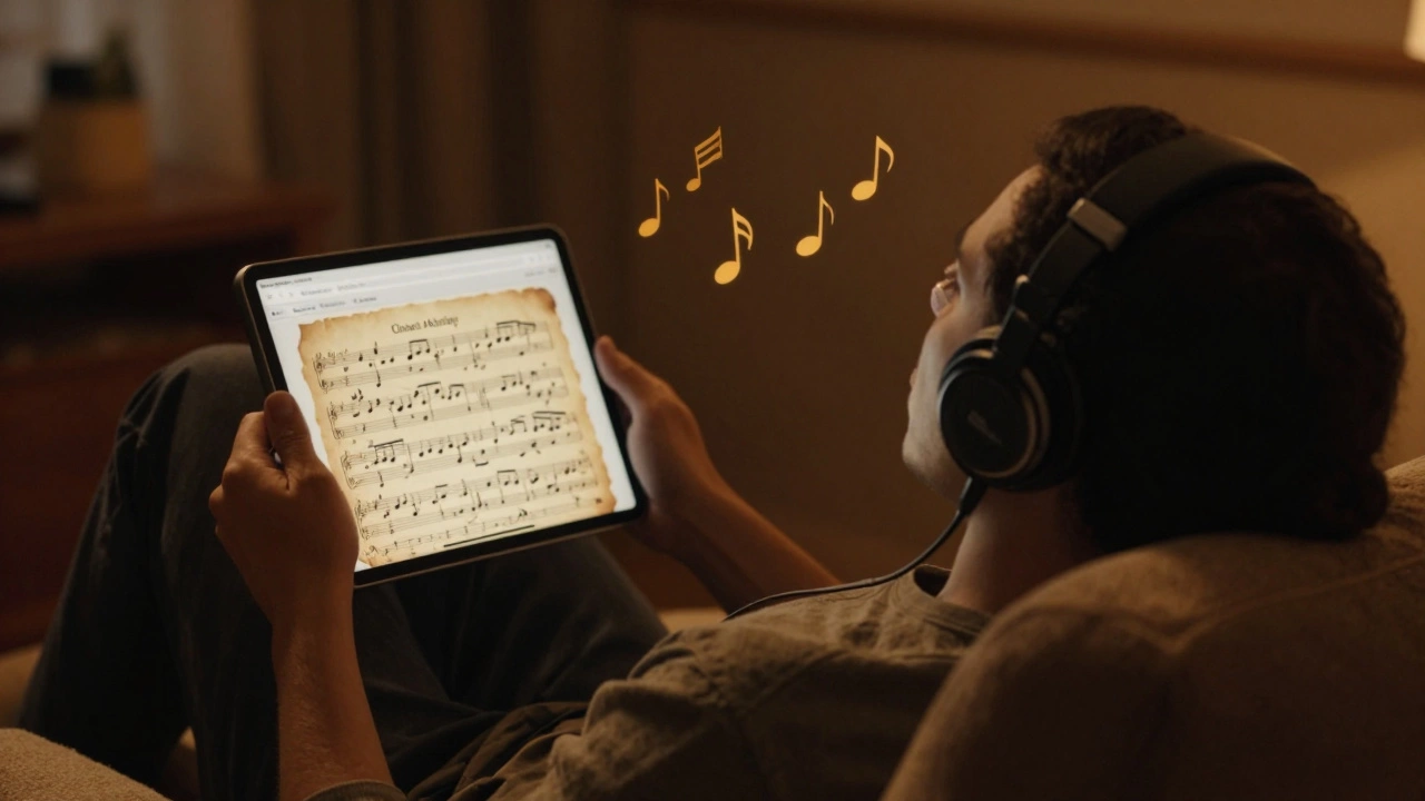 Person with headphones listening to classical music in a cozy room