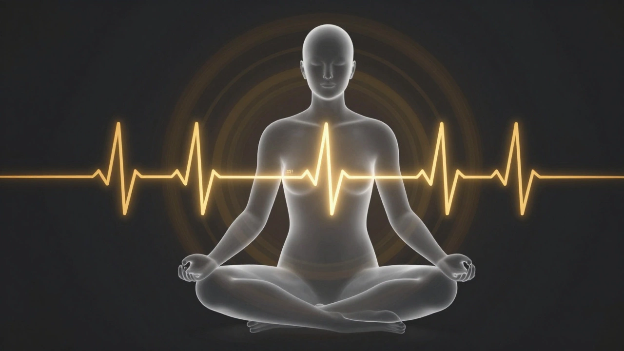 Abstract visualization of heart rate syncing with calm music tempo