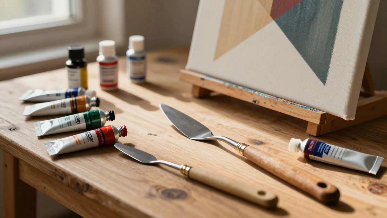 Art supplies including palette knives and paint tubes