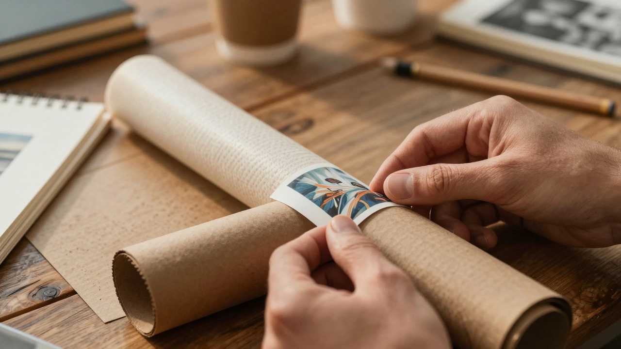 Artist hands carefully packing a rolled art print for shipping