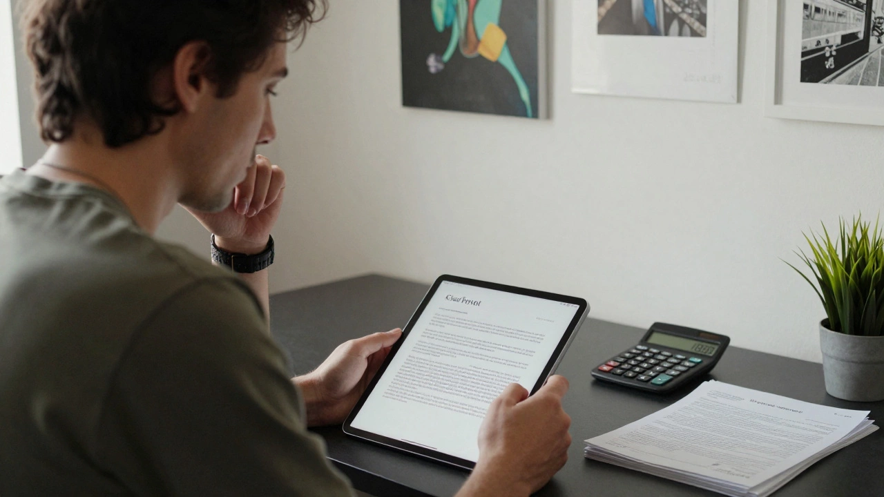 Artist reviewing contract and financials in a sunlit studio workspace