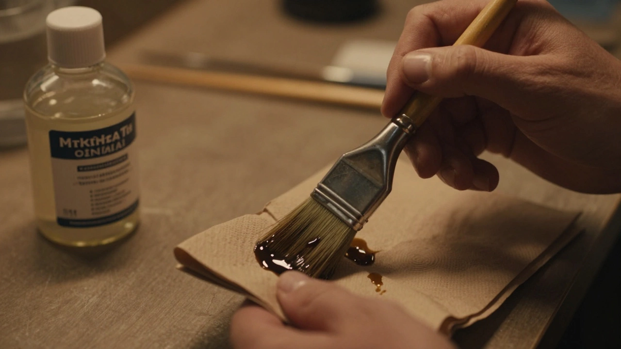 Artist wiping brush on paper towel over solvent jar